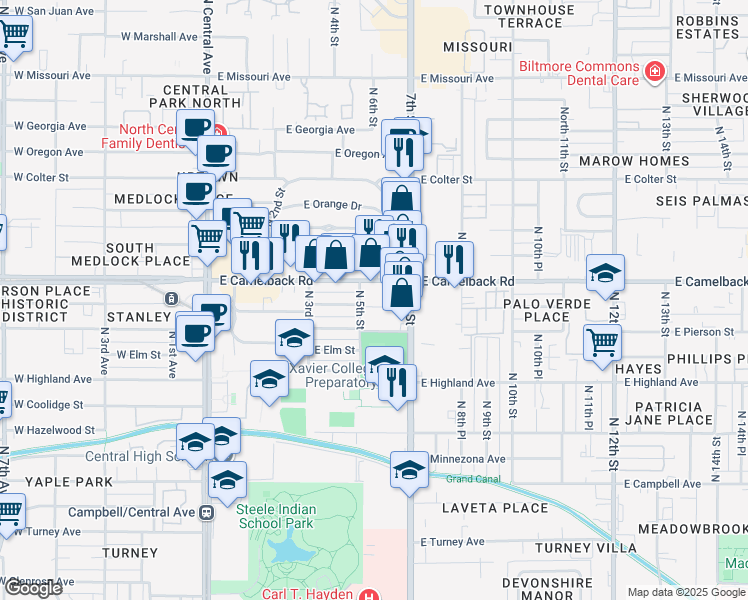 map of restaurants, bars, coffee shops, grocery stores, and more near 512 East Mariposa Street in Phoenix