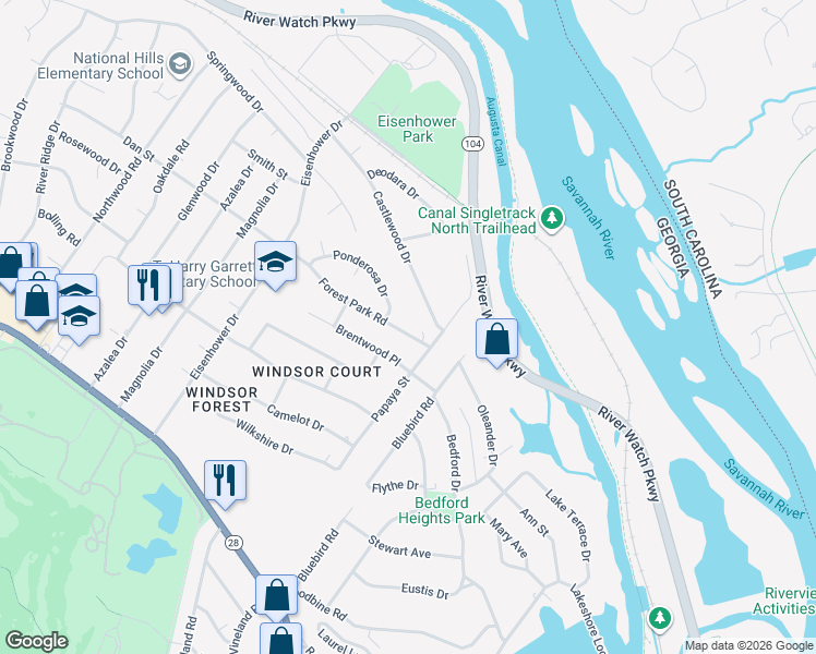 map of restaurants, bars, coffee shops, grocery stores, and more near 2407 Forest Park Road in Augusta