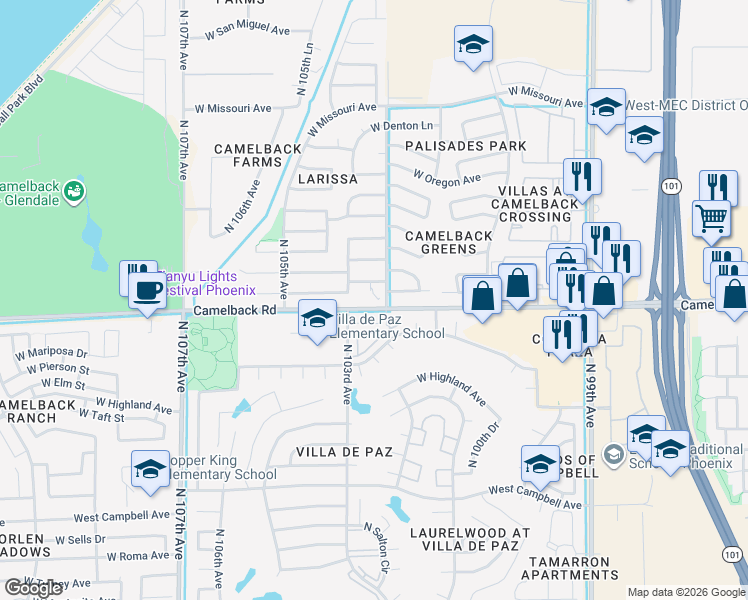 map of restaurants, bars, coffee shops, grocery stores, and more near 5001 North 104th Avenue in Glendale