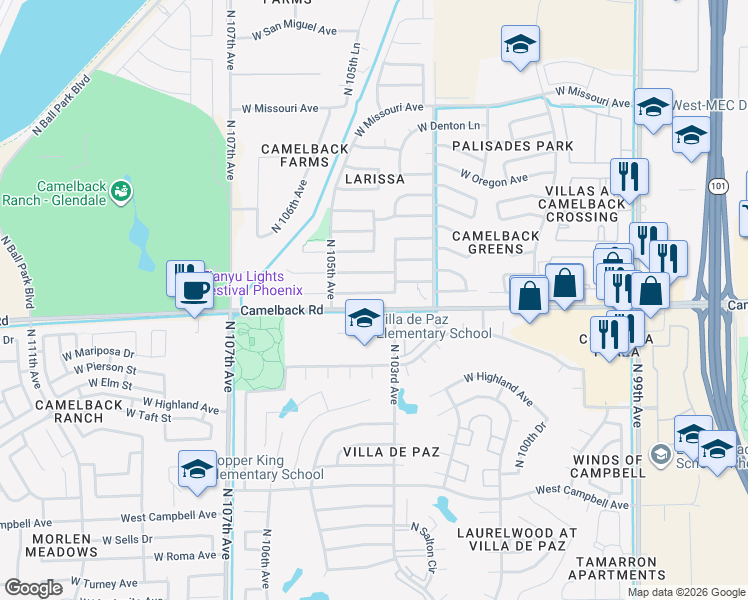 map of restaurants, bars, coffee shops, grocery stores, and more near 10431 West Pasadena Avenue in Glendale