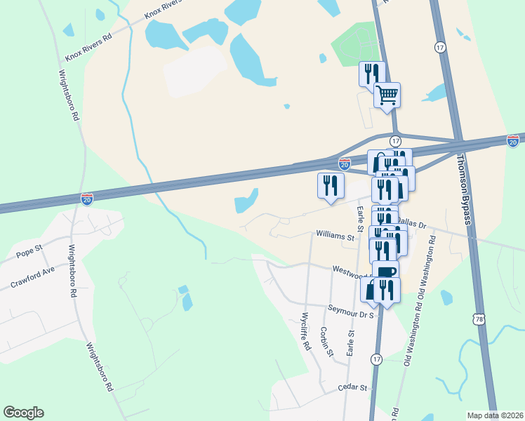 map of restaurants, bars, coffee shops, grocery stores, and more near Carl Sanders Highway in Thomson