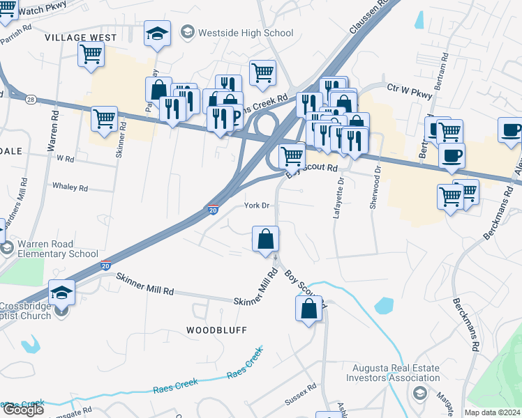 map of restaurants, bars, coffee shops, grocery stores, and more near 2616 York Drive in Augusta