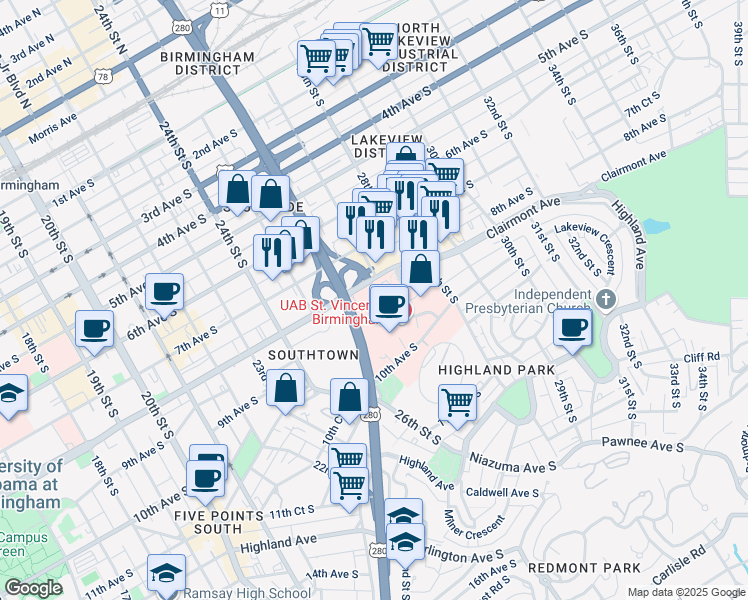 map of restaurants, bars, coffee shops, grocery stores, and more near 800 Saint Vincents Drive in Birmingham