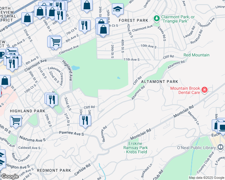 map of restaurants, bars, coffee shops, grocery stores, and more near 3853 12th Court South in Birmingham