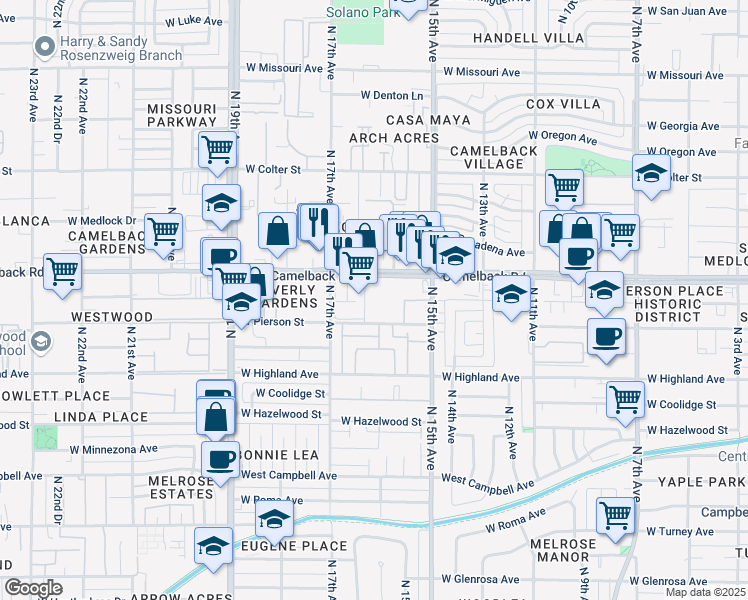 map of restaurants, bars, coffee shops, grocery stores, and more near 1545 West Camelback Road in Phoenix