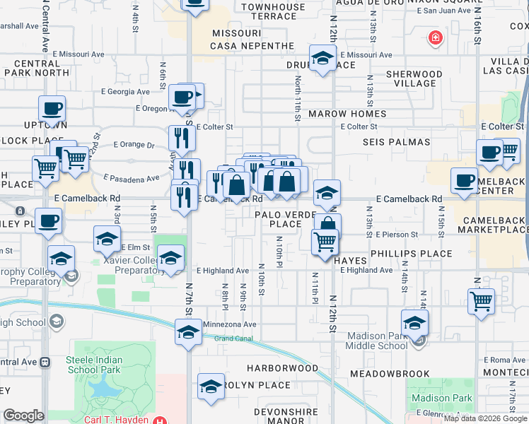 map of restaurants, bars, coffee shops, grocery stores, and more near 1002 E Mariposa St in Phoenix
