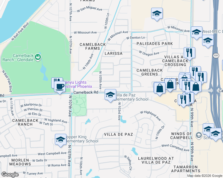 map of restaurants, bars, coffee shops, grocery stores, and more near 10431 West Pasadena Avenue in Glendale