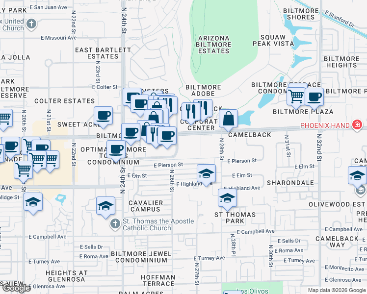 map of restaurants, bars, coffee shops, grocery stores, and more near 2625 East Camelback Road in Phoenix