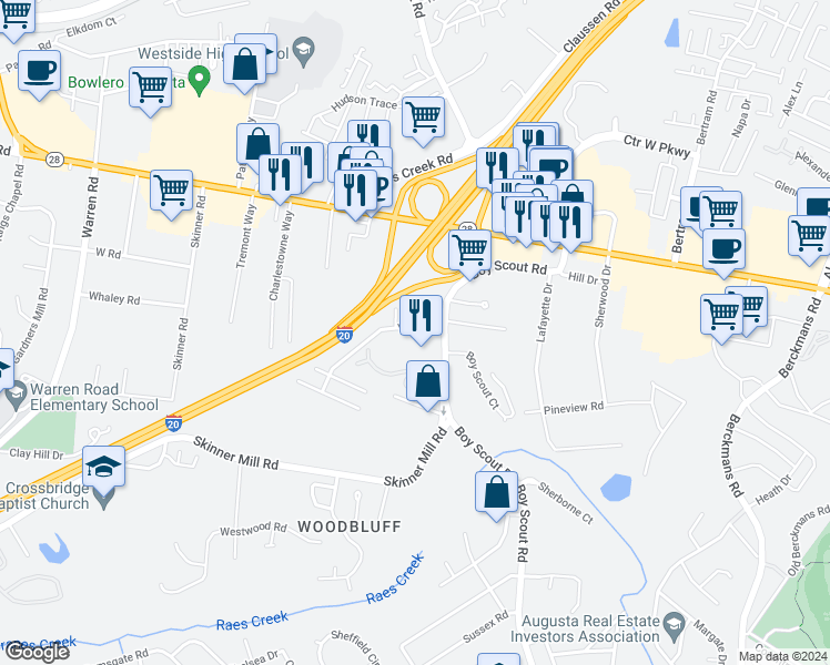 map of restaurants, bars, coffee shops, grocery stores, and more near 2620 York Drive in Augusta