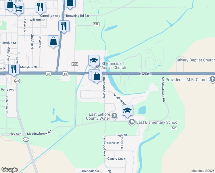 map of restaurants, bars, coffee shops, grocery stores, and more near 517 Brentwood Avenue in Greenwood