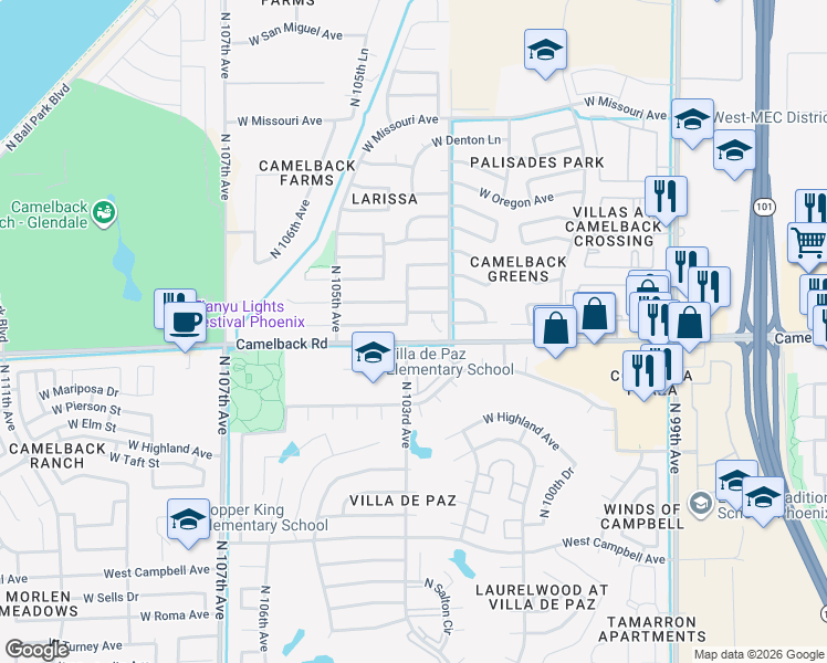 map of restaurants, bars, coffee shops, grocery stores, and more near 5001 North 104th Avenue in Glendale