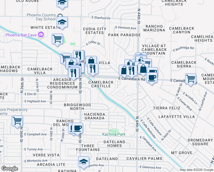 map of restaurants, bars, coffee shops, grocery stores, and more near 4148 East Calle Redonda in Phoenix