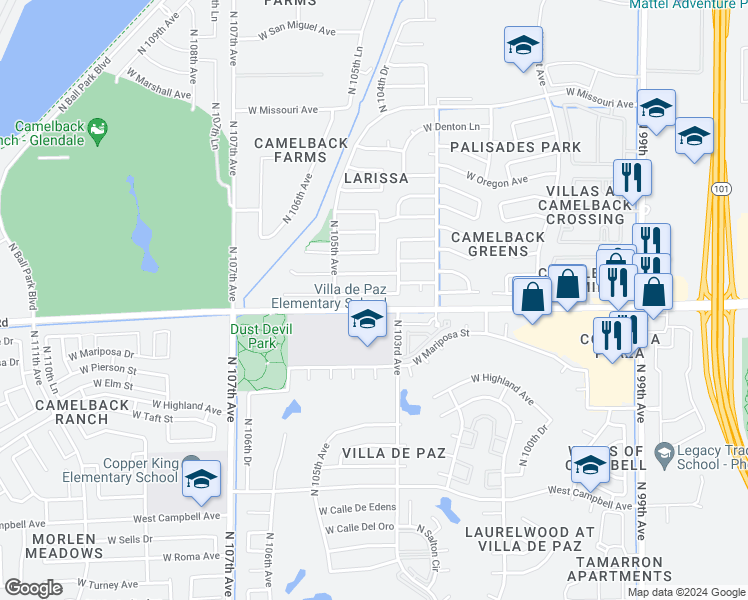 map of restaurants, bars, coffee shops, grocery stores, and more near 10431 West Pasadena Avenue in Glendale