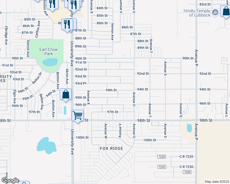 map of restaurants, bars, coffee shops, grocery stores, and more near 2203 94th Street in Lubbock