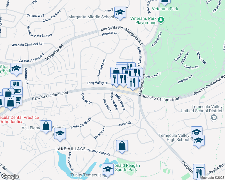 map of restaurants, bars, coffee shops, grocery stores, and more near 30075 Rancho California Road in Temecula