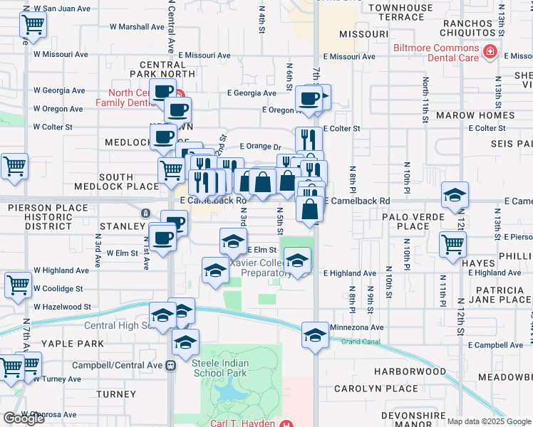 map of restaurants, bars, coffee shops, grocery stores, and more near 326 East Mariposa Street in Phoenix