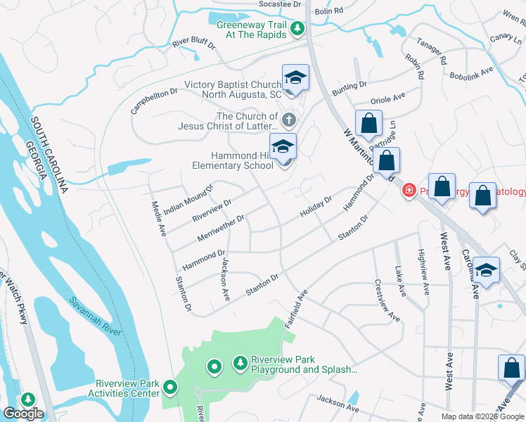 map of restaurants, bars, coffee shops, grocery stores, and more near 815 Merriwether Drive in North Augusta