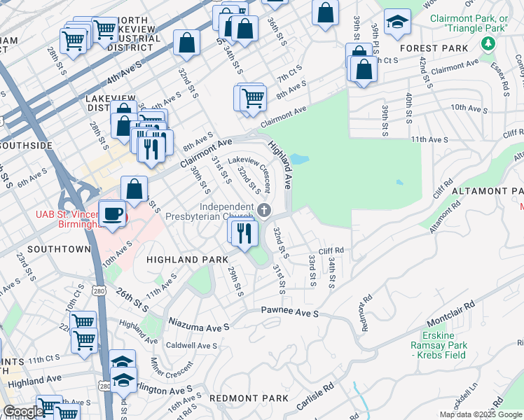 map of restaurants, bars, coffee shops, grocery stores, and more near 1157 Lakeview Crescent in Birmingham