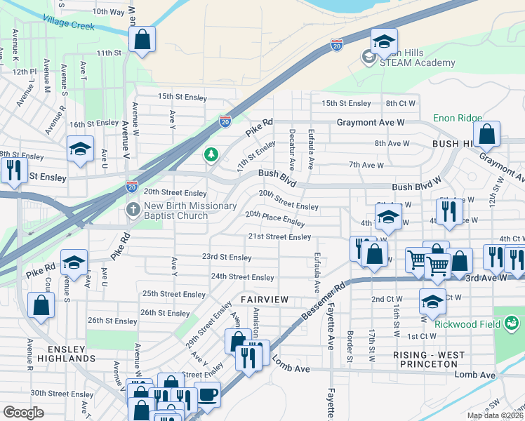 map of restaurants, bars, coffee shops, grocery stores, and more near 2720 20th Place Ensley in Birmingham