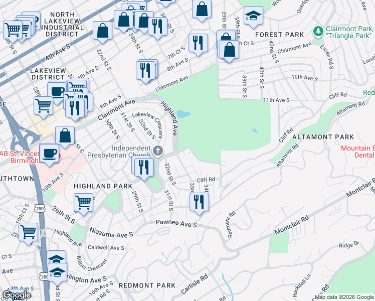 map of restaurants, bars, coffee shops, grocery stores, and more near 1200 34th Street South in Birmingham