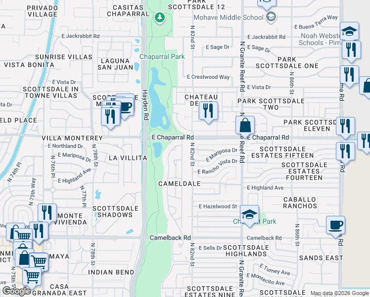 map of restaurants, bars, coffee shops, grocery stores, and more near 4919 North 82nd Street in Scottsdale