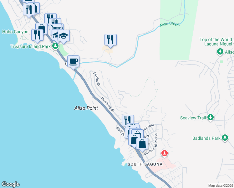 map of restaurants, bars, coffee shops, grocery stores, and more near 31282 Ceanothus Drive in Laguna Beach
