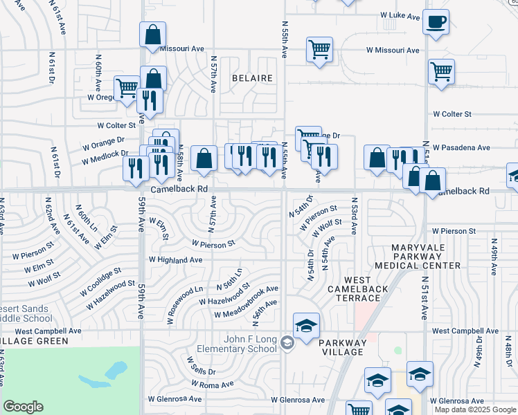 map of restaurants, bars, coffee shops, grocery stores, and more near 5524 West Pierson Street in Phoenix