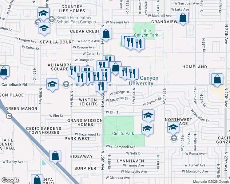 map of restaurants, bars, coffee shops, grocery stores, and more near 4826 North 34th Avenue in Phoenix