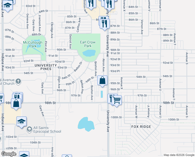 map of restaurants, bars, coffee shops, grocery stores, and more near 2703 94th Street in Lubbock