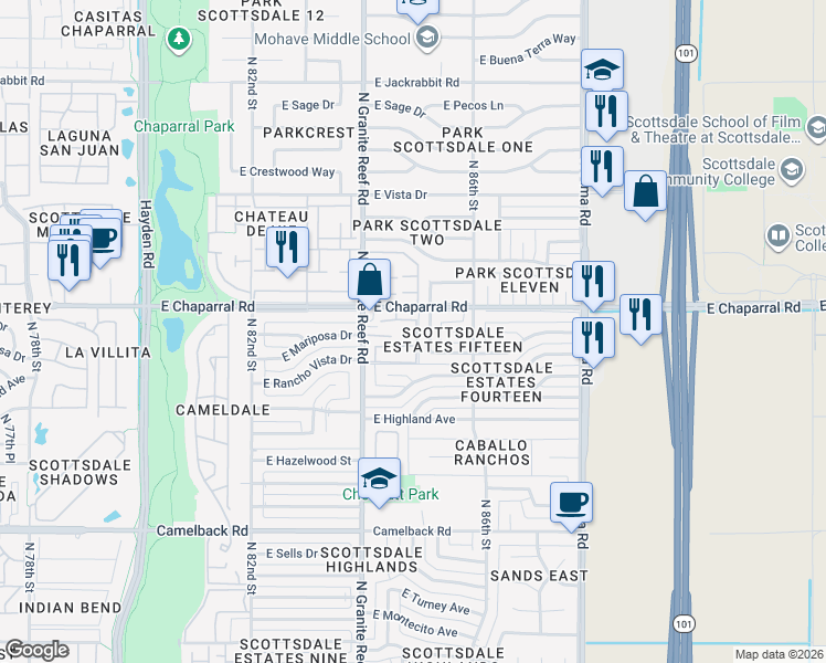 map of restaurants, bars, coffee shops, grocery stores, and more near 4949 North Granite Reef Road in Scottsdale