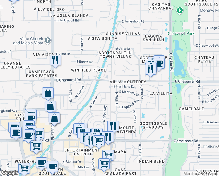 map of restaurants, bars, coffee shops, grocery stores, and more near 4950 North Miller Road in Scottsdale