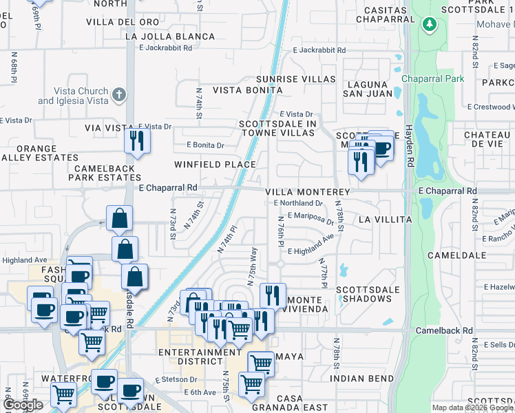 map of restaurants, bars, coffee shops, grocery stores, and more near 4950 North Miller Road in Scottsdale