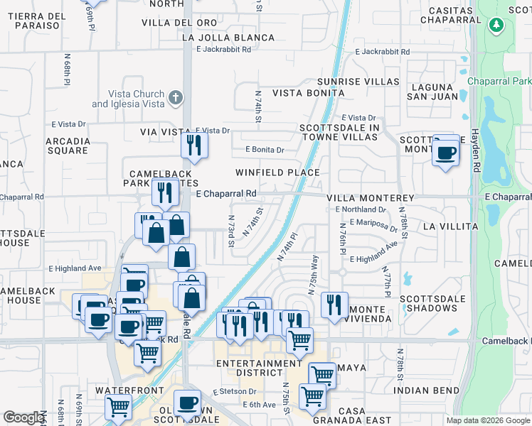 map of restaurants, bars, coffee shops, grocery stores, and more near 4916 North Woodmere Fairway in Scottsdale