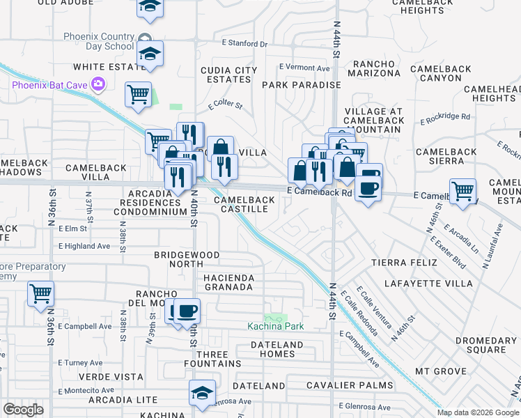 map of restaurants, bars, coffee shops, grocery stores, and more near 4148 East Calle Redonda in Phoenix