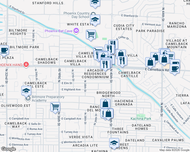 map of restaurants, bars, coffee shops, grocery stores, and more near 3915 East Camelback Road in Phoenix