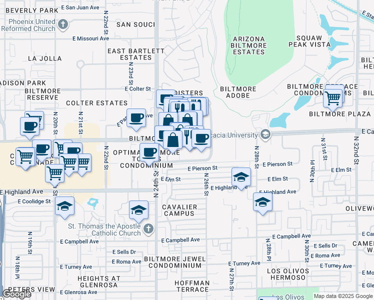 map of restaurants, bars, coffee shops, grocery stores, and more near 2425 East Camelback Road in Phoenix