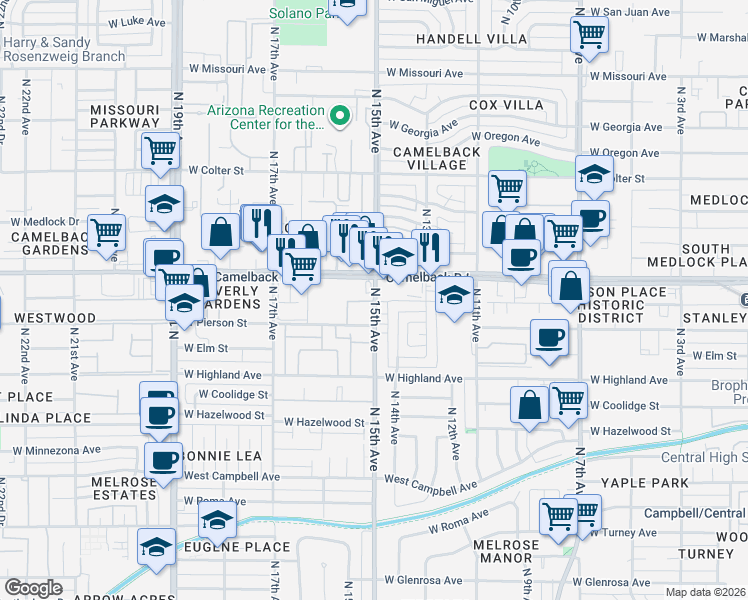 map of restaurants, bars, coffee shops, grocery stores, and more near 4802 North 15th Avenue in Phoenix