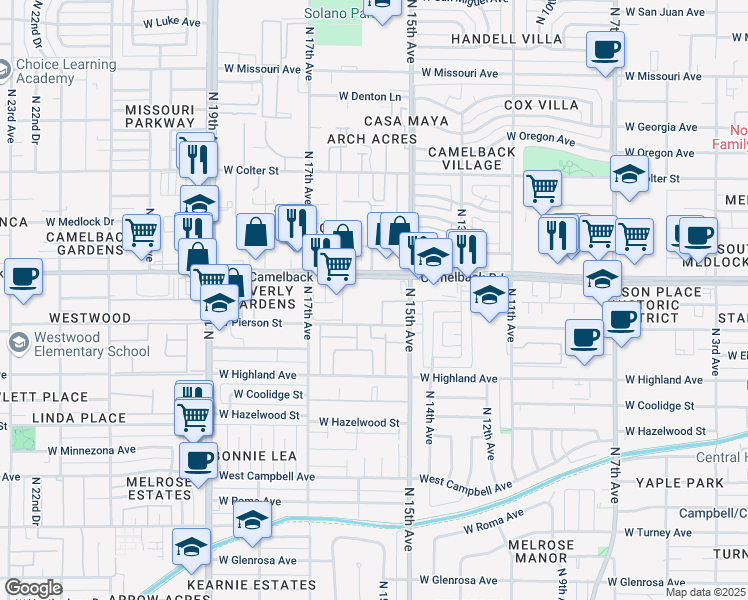 map of restaurants, bars, coffee shops, grocery stores, and more near 1545 West Camelback Road in Phoenix
