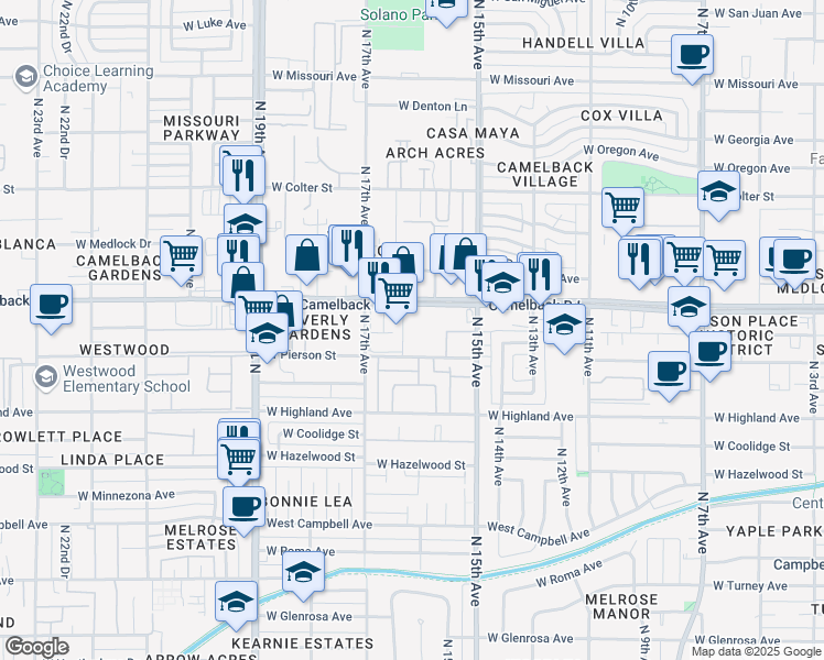 map of restaurants, bars, coffee shops, grocery stores, and more near 1545 West Camelback Road in Phoenix
