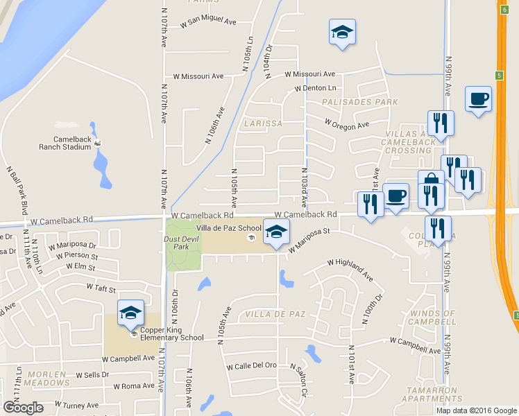 map of restaurants, bars, coffee shops, grocery stores, and more near 10431 West Pasadena Avenue in Glendale