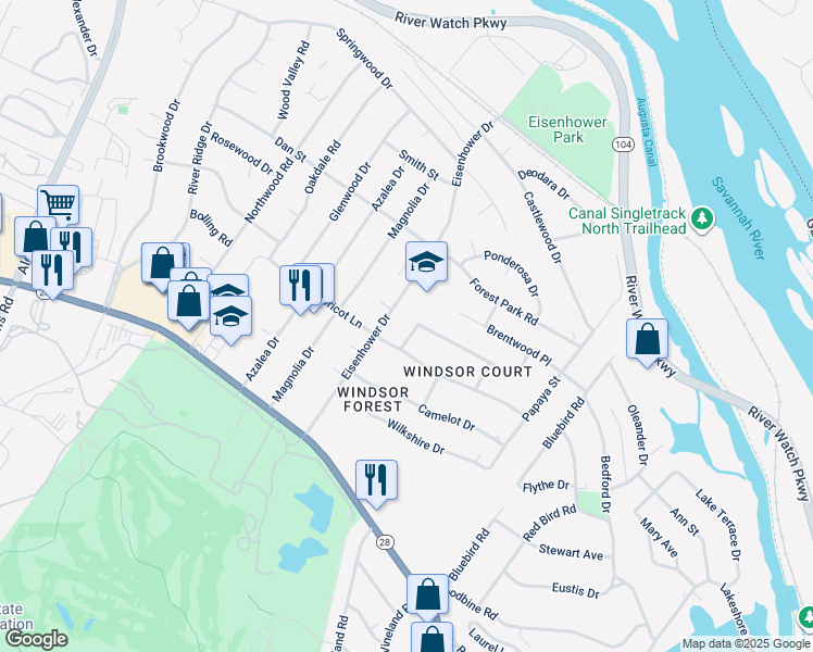 map of restaurants, bars, coffee shops, grocery stores, and more near 925 Avocado Street in Augusta