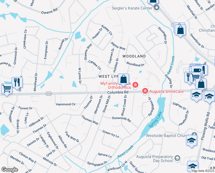 map of restaurants, bars, coffee shops, grocery stores, and more near 104 Blue Court in Augusta