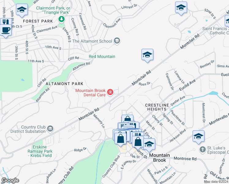map of restaurants, bars, coffee shops, grocery stores, and more near 3930 Montclair Road in Birmingham
