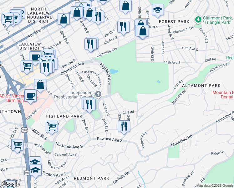 map of restaurants, bars, coffee shops, grocery stores, and more near 1200 34th Street South in Birmingham