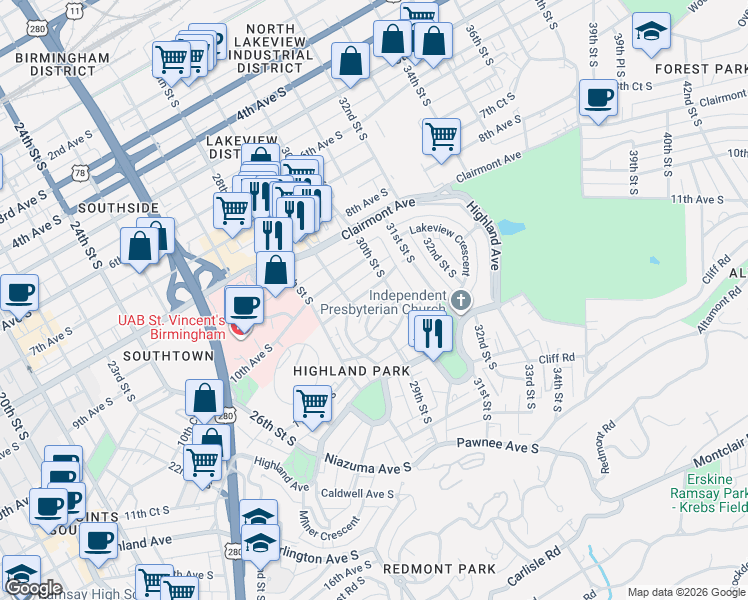 map of restaurants, bars, coffee shops, grocery stores, and more near 2901 10th Court South in Birmingham
