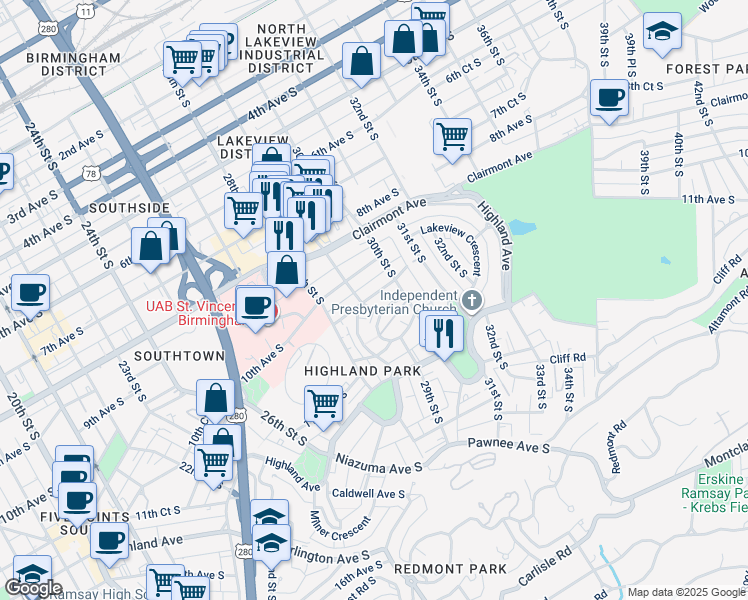 map of restaurants, bars, coffee shops, grocery stores, and more near 2901 10th Court South in Birmingham