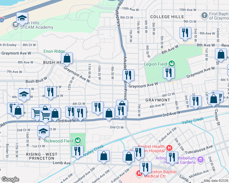 map of restaurants, bars, coffee shops, grocery stores, and more near 820 4th Terrace West in Birmingham