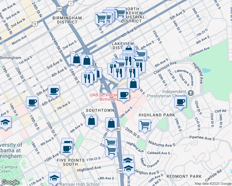 map of restaurants, bars, coffee shops, grocery stores, and more near 800 Saint Vincents Drive in Birmingham