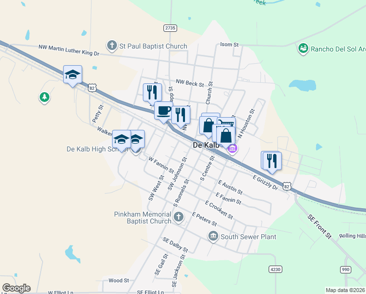 map of restaurants, bars, coffee shops, grocery stores, and more near 213 West Grizzly Drive in De Kalb