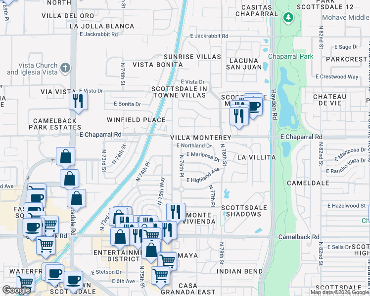 map of restaurants, bars, coffee shops, grocery stores, and more near 7631 East Northland Drive in Scottsdale